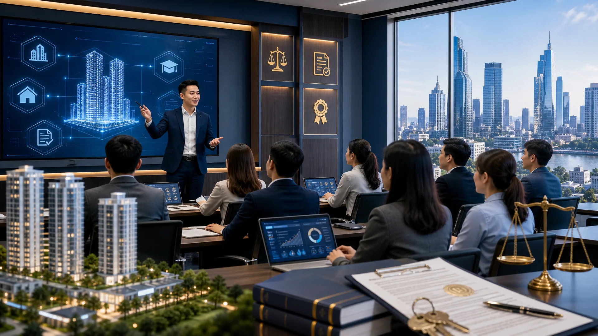 Lớp đào tạo bất động sản chuyên nghiệp với học viên, giảng viên và nền đô thị hiện đại