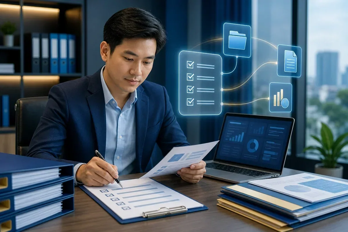 Checklist hồ sơ dự thầu qua mạng với tài liệu không chữ và laptop