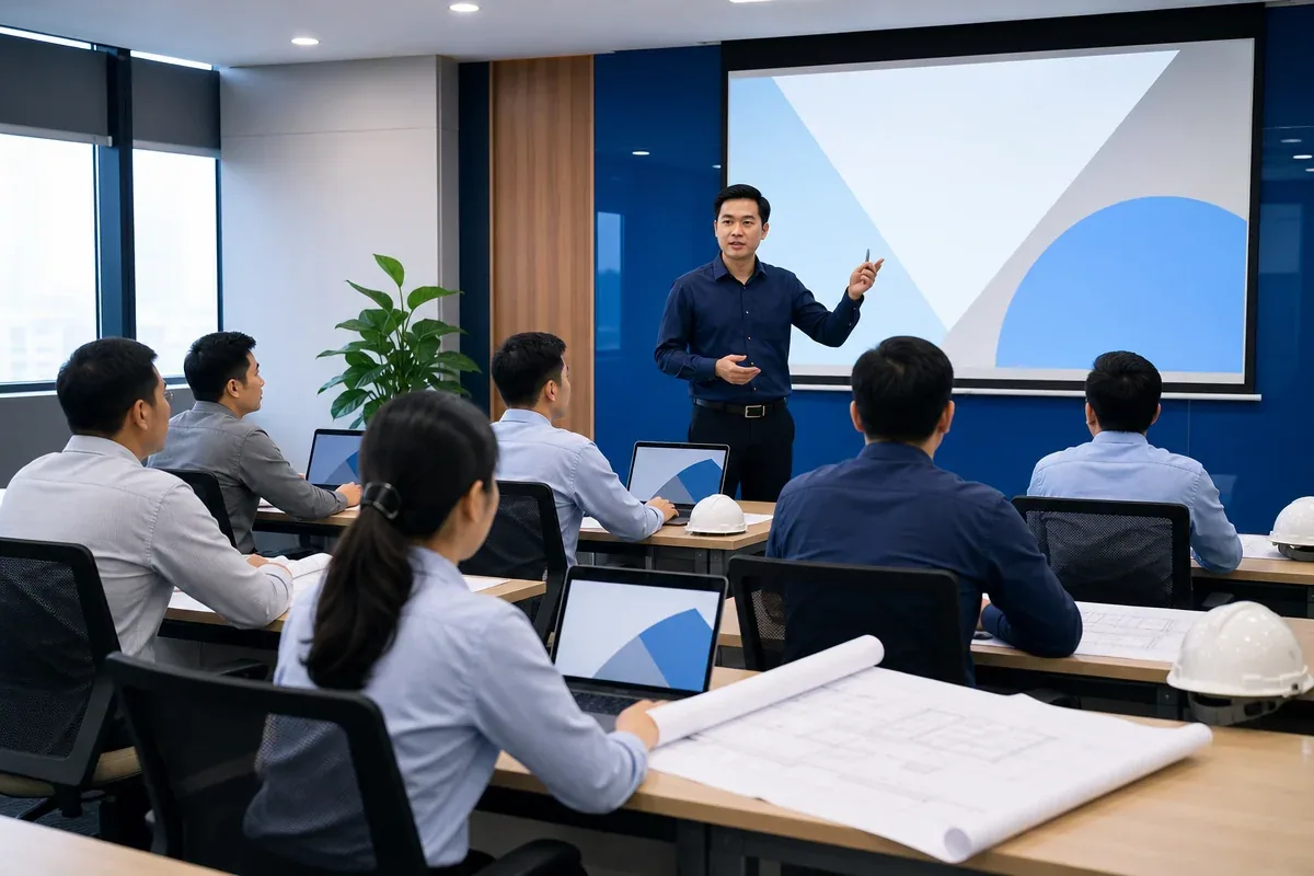 Lớp học quản lý dự án xây dựng với giảng viên và học viên trong phòng đào tạo