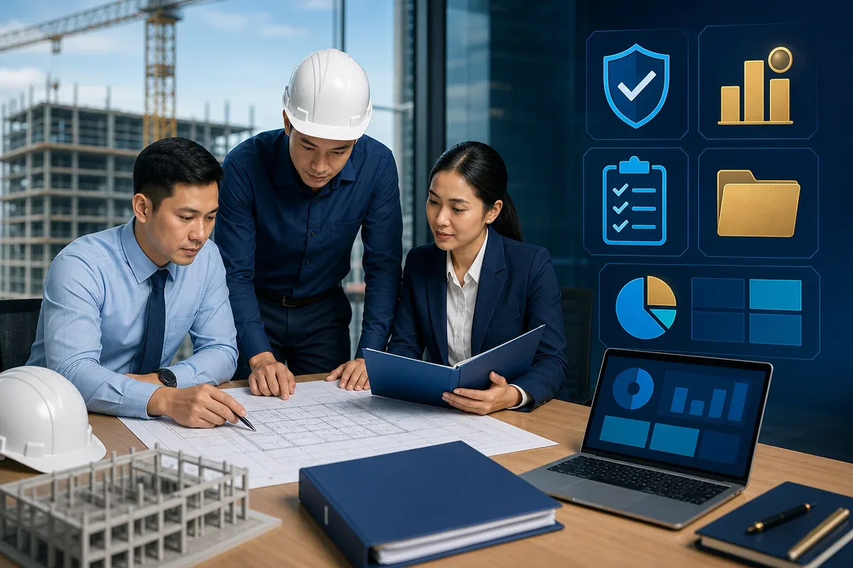 Quản lý chất lượng chi phí hợp đồng xây dựng với hồ sơ, bản vẽ và bảng điều khiển không chữ