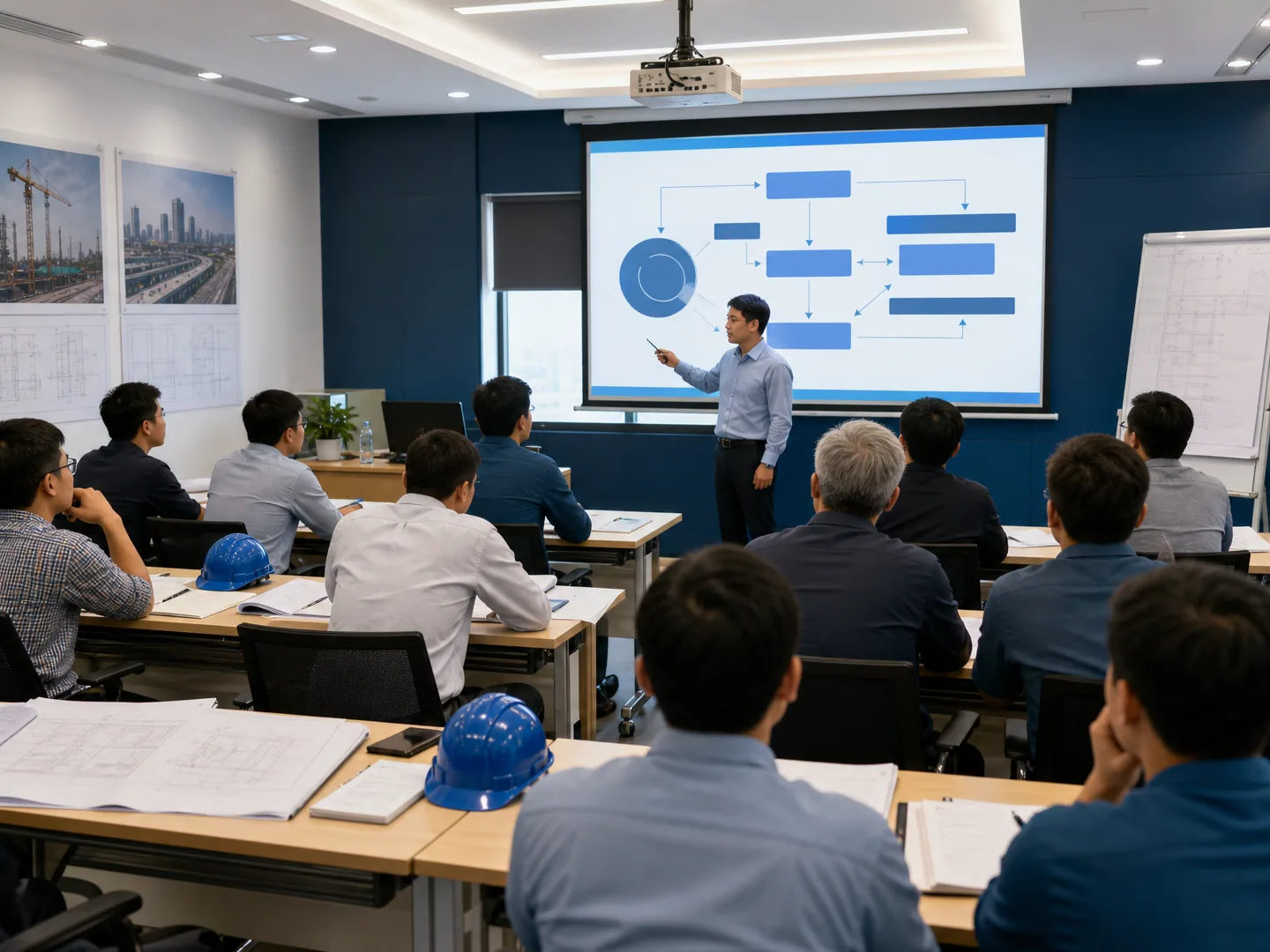 Lớp học tư vấn giám sát xây dựng với giảng viên và học viên trong phòng đào tạo