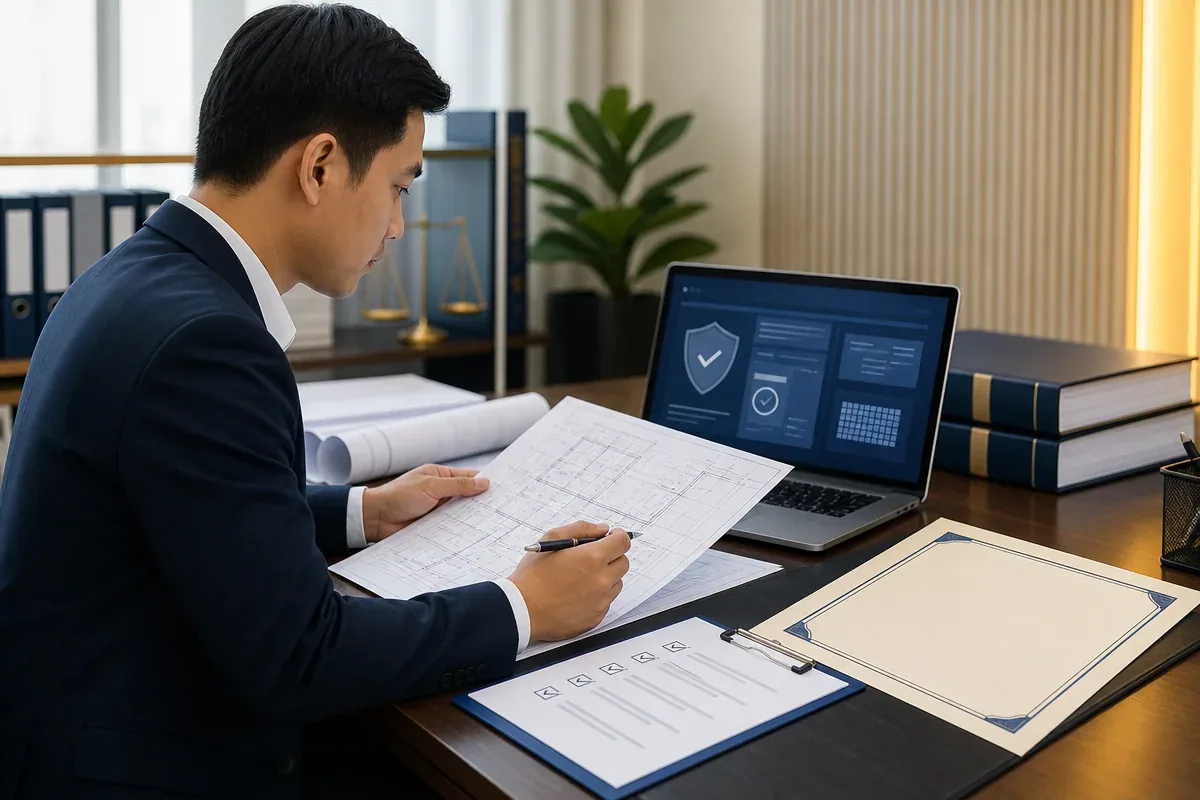 Chứng chỉ hành nghề xây dựng minh họa bằng mũ bảo hộ, bản vẽ và hồ sơ chuyên môn