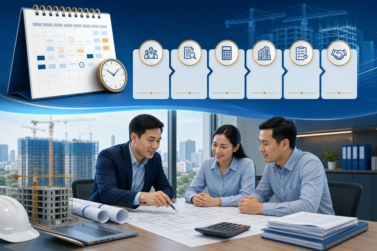 Lịch thi và quy trình tư vấn chứng chỉ kỹ sư định giá xây dựng với giao diện không chữ