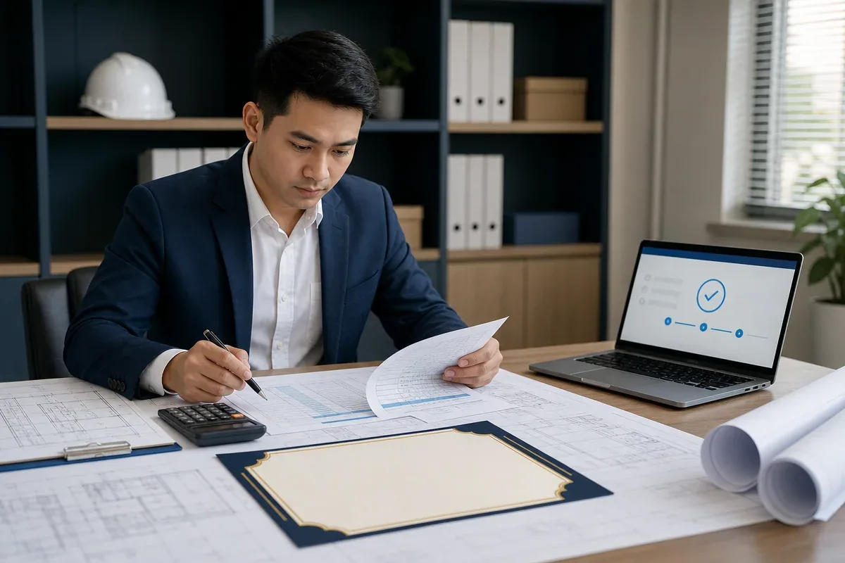 Rà soát hồ sơ chứng chỉ hành nghề kỹ sư định giá xây dựng với bản vẽ và bảng chi phí không chữ