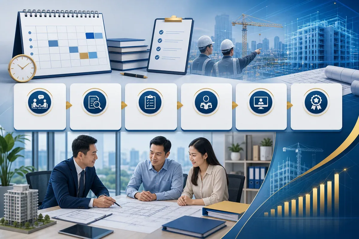 Lịch thi và quy trình tư vấn chứng chỉ quản lý dự án xây dựng với giao diện không chữ