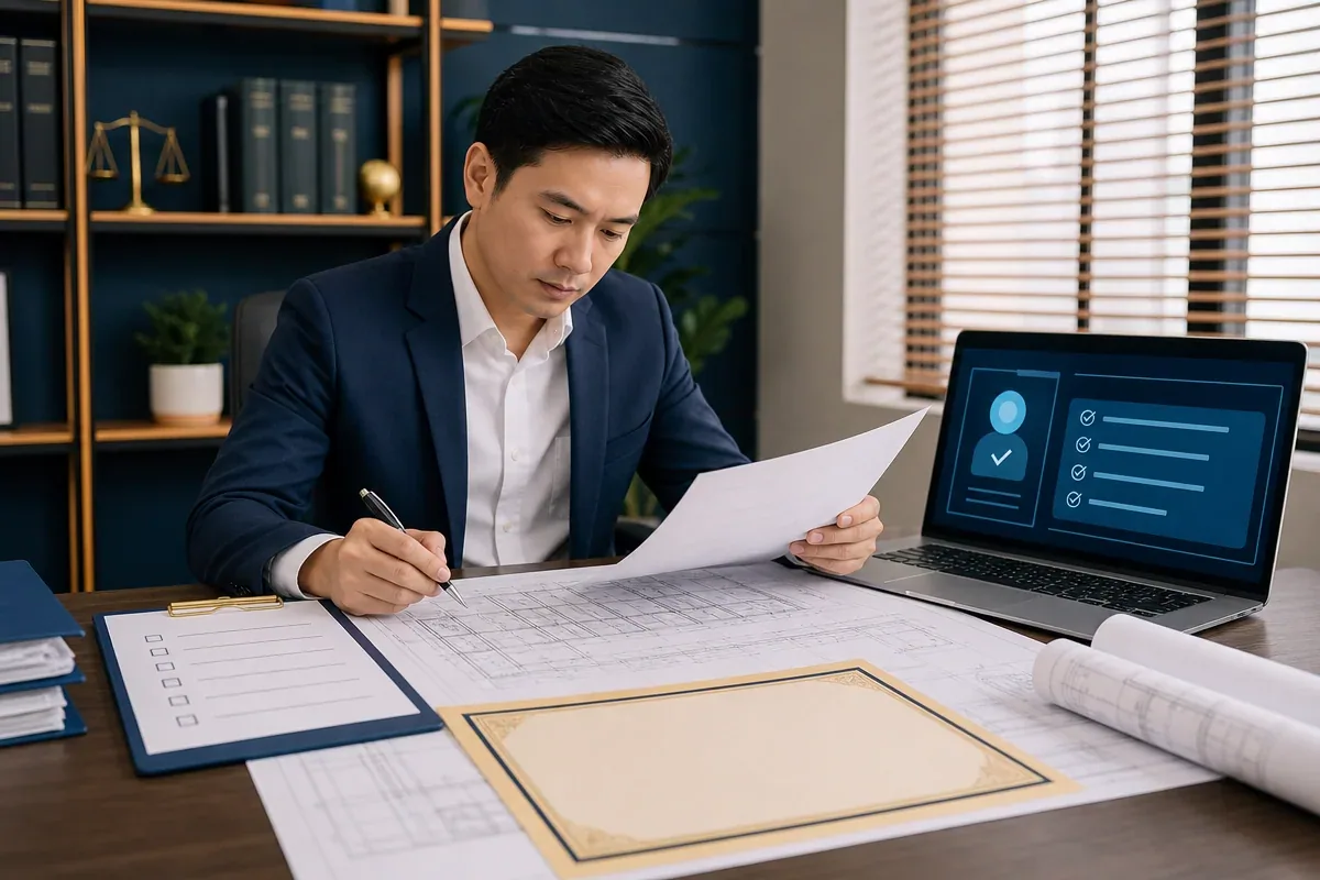 Rà soát hồ sơ chứng chỉ hành nghề quản lý dự án xây dựng với bản vẽ và checklist không chữ