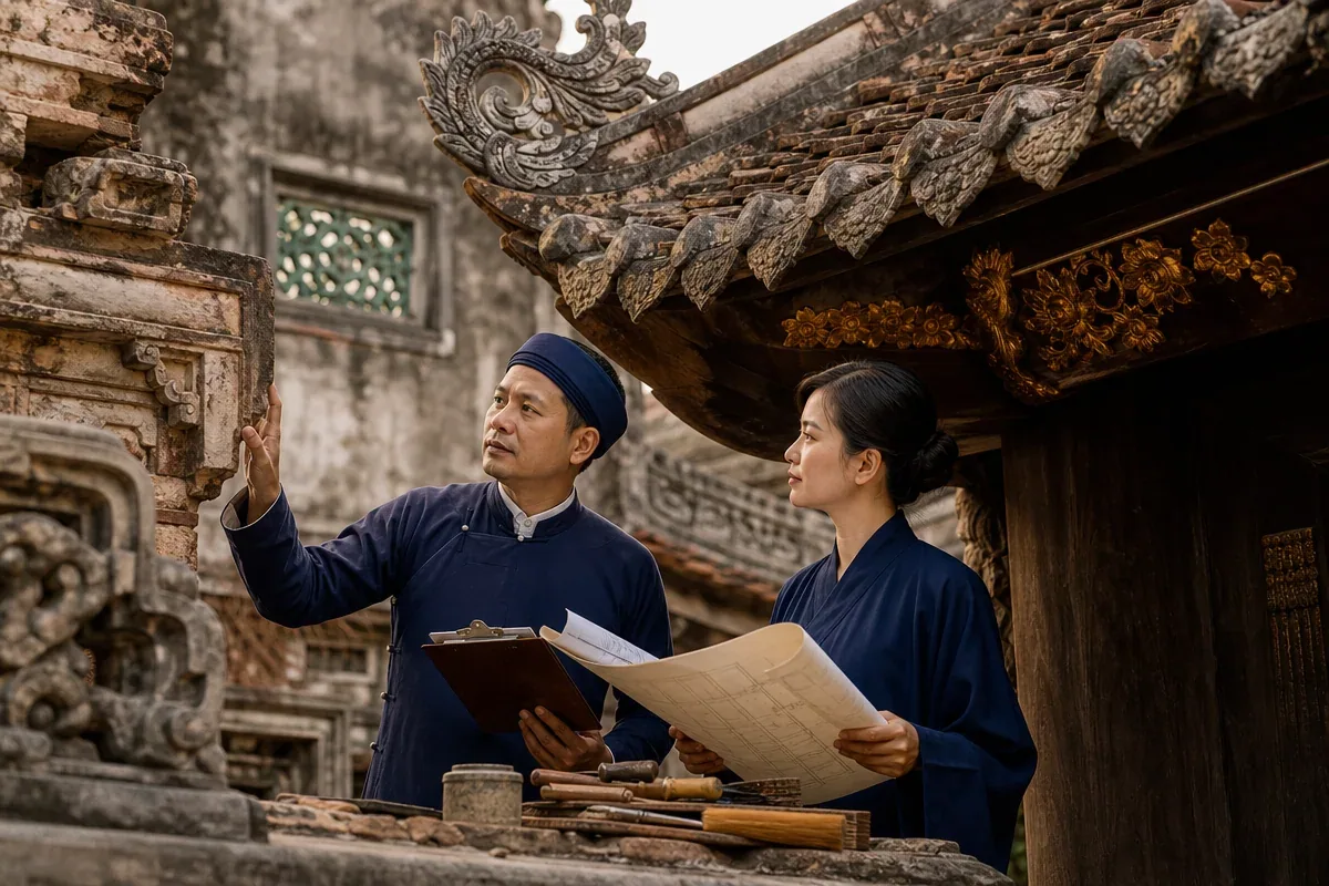 Bảo quản tu bổ phục hồi di tích với chuyên gia Việt Nam kiểm tra công trình cổ