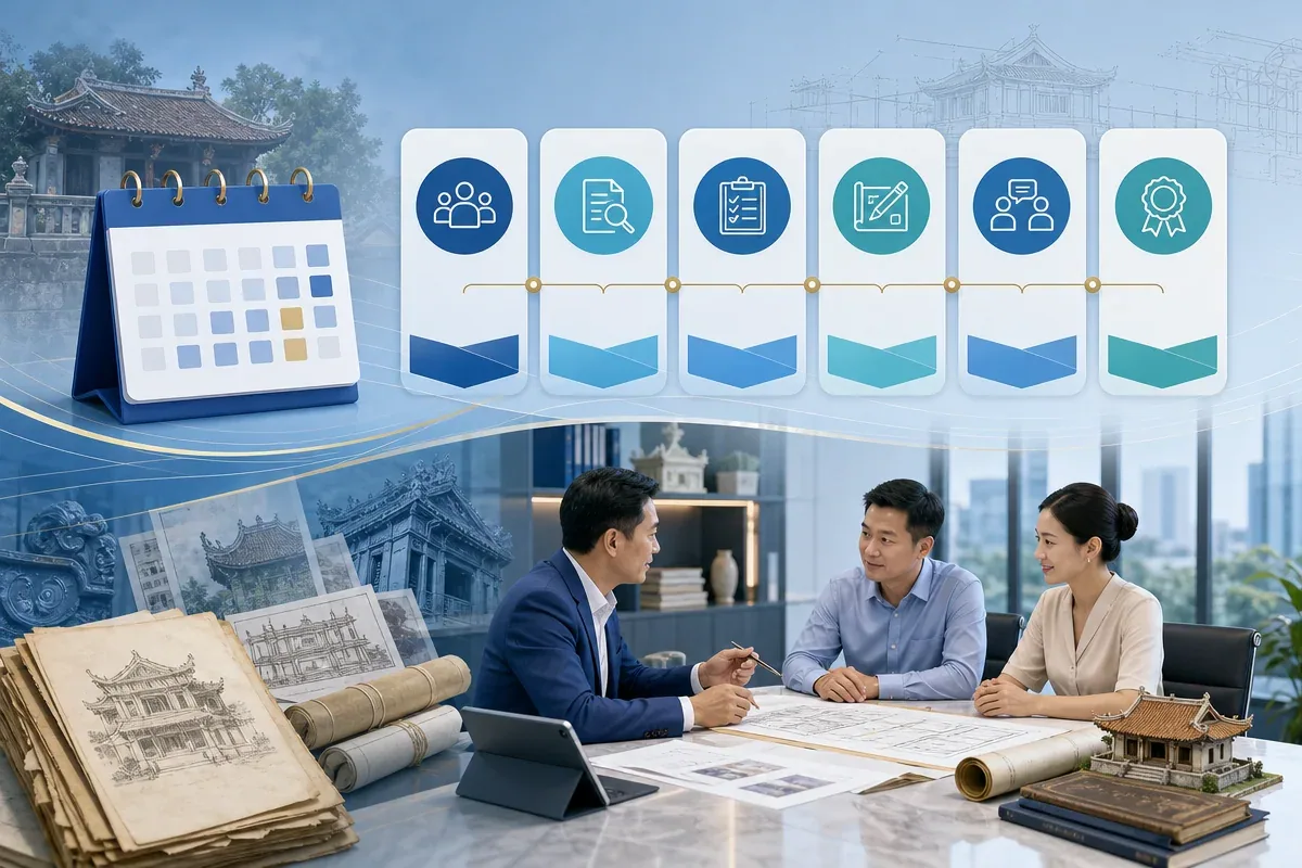 Lịch thi và quy trình tư vấn chứng chỉ tu bổ di tích với giao diện không chữ