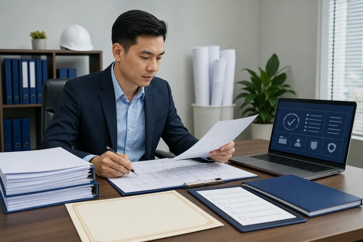Rà soát hồ sơ chứng chỉ hành nghề tư vấn giám sát xây dựng với bản vẽ và checklist không chữ