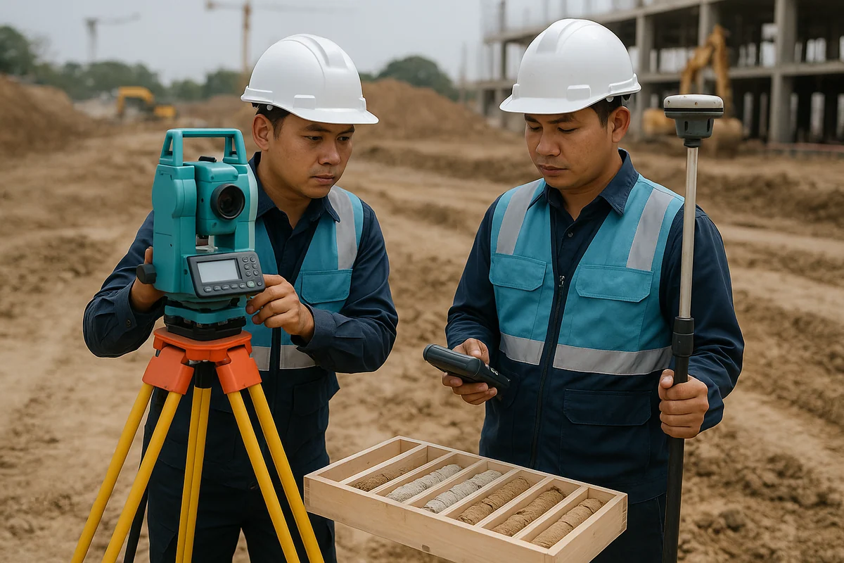 Kỹ sư Việt Nam thực hiện khảo sát địa hình và địa chất công trình