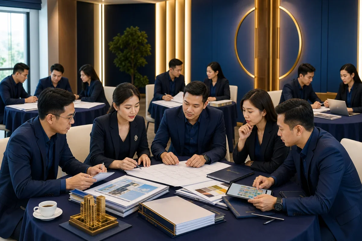 Nhóm chuyên gia đào tạo nghiệp vụ đang thảo luận chương trình đào tạo