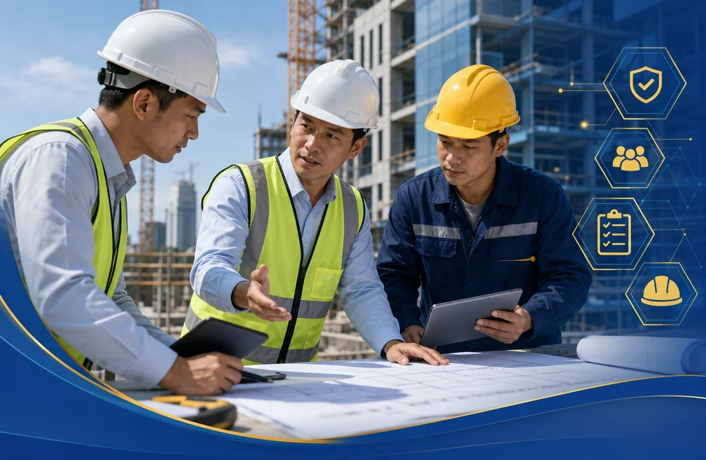 Chỉ huy trưởng công trình trao đổi kế hoạch thi công với kỹ sư tại công trường