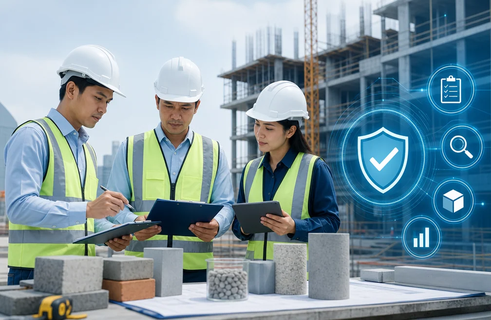 Kỹ sư quản lý chất lượng công trình kiểm tra vật liệu và hồ sơ nghiệm thu